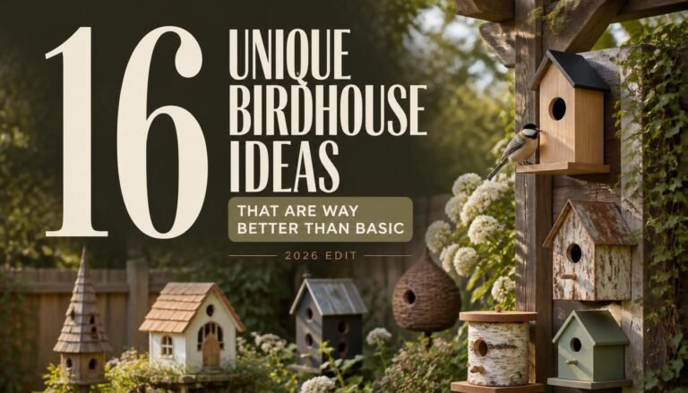 A collage of decorative birdhouses and small birds beside the text "16 Unique Birdhouse Ideas" on a warm garden scene.