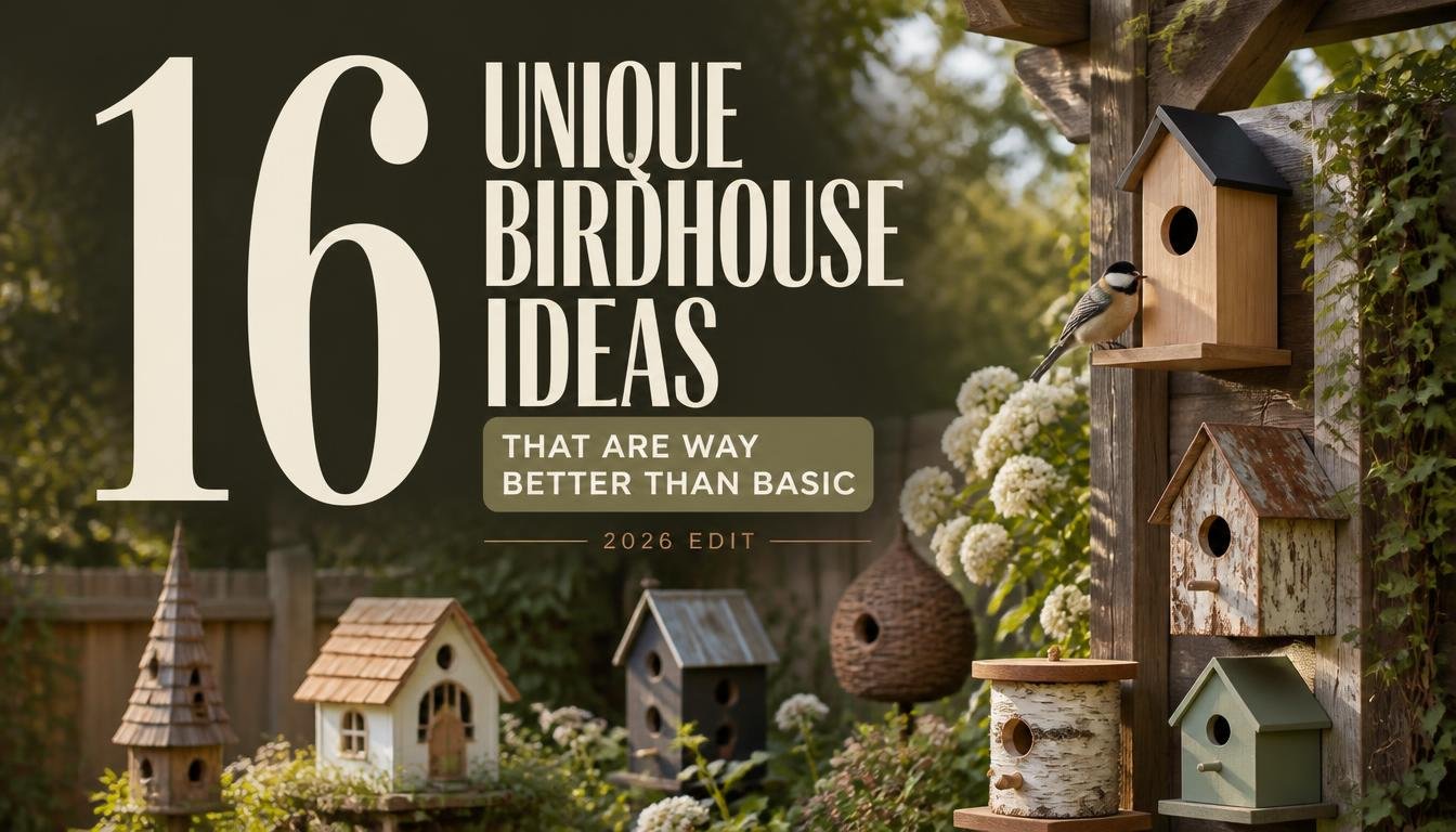 A collage of decorative birdhouses and small birds beside the text "16 Unique Birdhouse Ideas" on a warm garden scene.