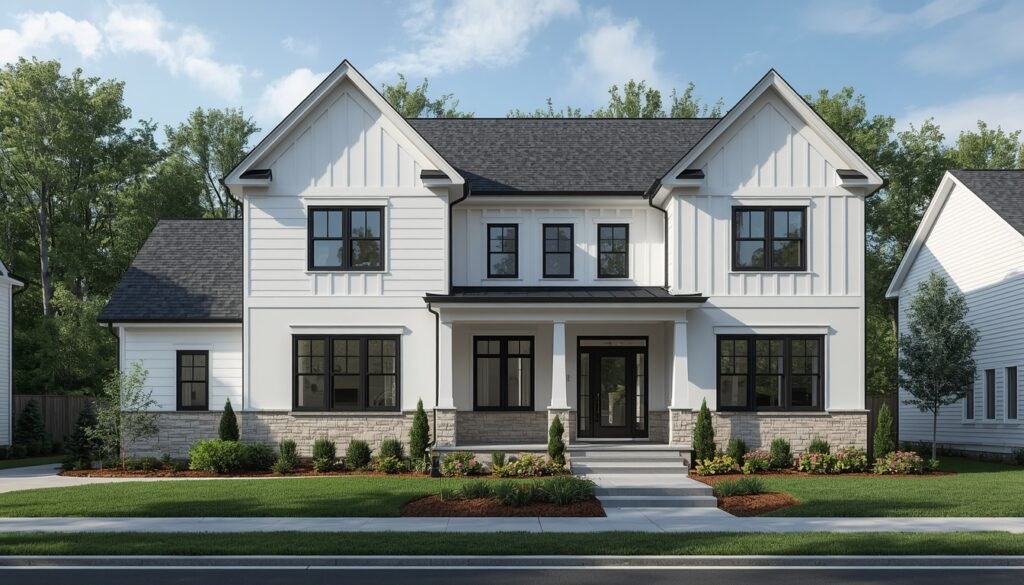 Modern white exterior house with black windows and stone accents