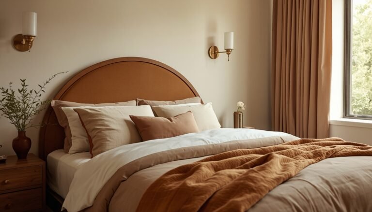 Master bedroom makeover idea: cozy bed with arched headboard and warm bedding.