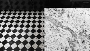 Retro kitchen flooring with black and white checkerboard tiles and a marbled countertop.