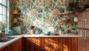 Retro kitchen with floral wallpaper, teal appliances, and wood cabinets
