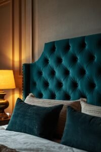 Deep teal tufted headboard and plush pillows create a luxurious boutique bedroom.