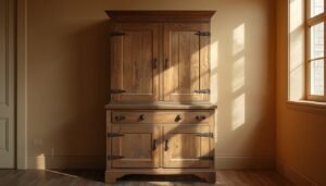 Rustic wooden hutch cabinet, a charming retro kitchen idea.