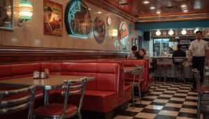 Retro diner booths and tables, a classic element for retro kitchen ideas.