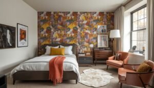 Colorful bedroom with abstract geometric wallpaper, orange accents, and mid-century modern furniture.