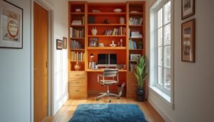 Brightly colored apartment home office with orange built-in shelves and a blue rug.