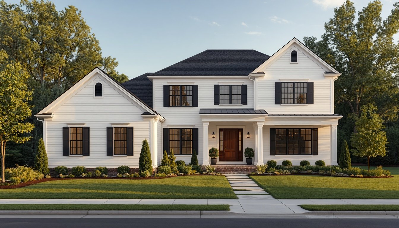 Beautiful white colonial house with black shutters, a popular white exterior house color.