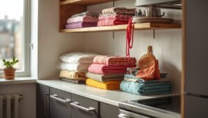 Colorful folded towels and linens on a kitchen counter, part of colorful apartment ideas.