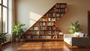 Colorful apartment idea: a modern living room with a geometric bookshelf and plants.