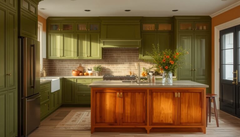 Colorful green kitchen with wood island, marble counters, and orange flowers.