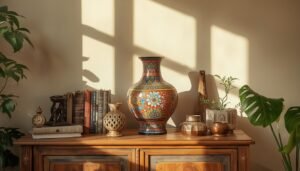 Colorful apartment decor: ornate vase, books, and plants on a wooden dresser.
