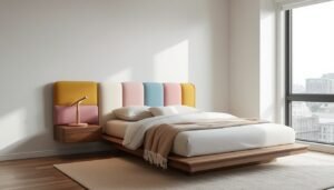Colorful apartment bed with a pastel headboard and floating nightstand