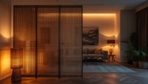 Warmly lit living room with a woven room divider and modern furniture.