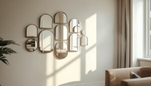 Assortment of decorative mirrors on a light-colored wall, reflecting sunlight.