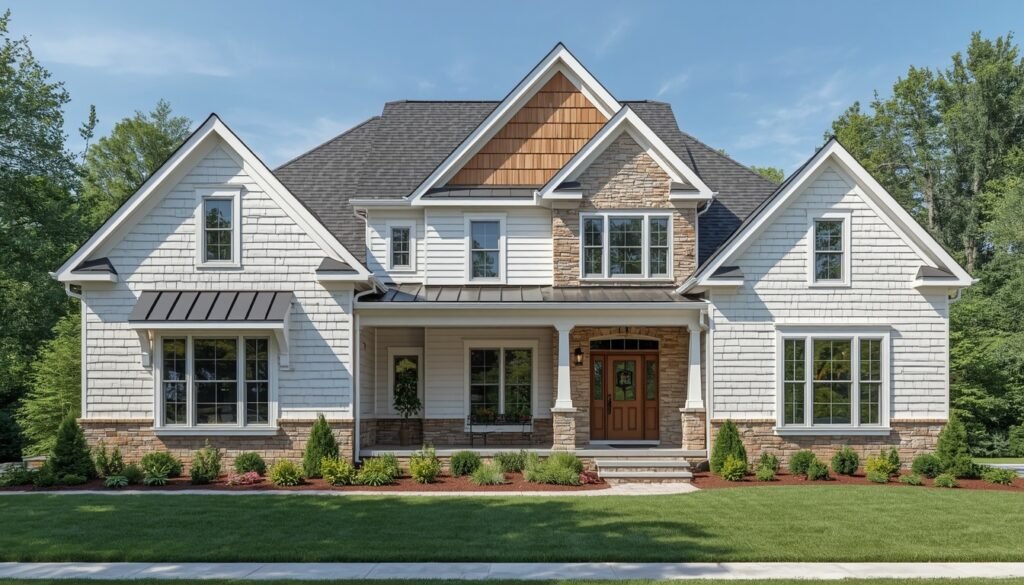 Charming white exterior house with stone accents and a welcoming porch.