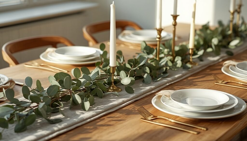Nature-inspired table setting with eucalyptus garland and white candles