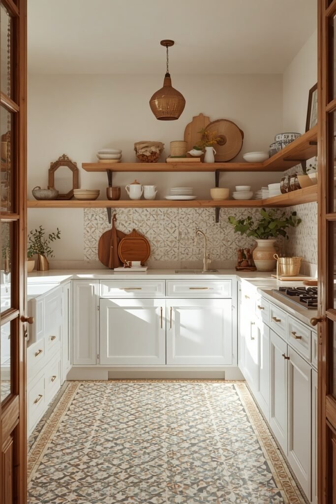 U-shaped kitchen with white cabinets and a patterned kitchen floor tile idea.
