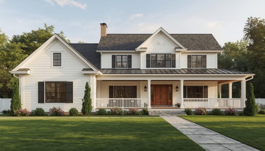 A classic white farmhouse with a wraparound porch and dark shutters, showcasing white exterior house colors.