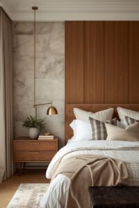 Master bedroom makeover ideas: wood paneling, marble wall, modern bedside table.