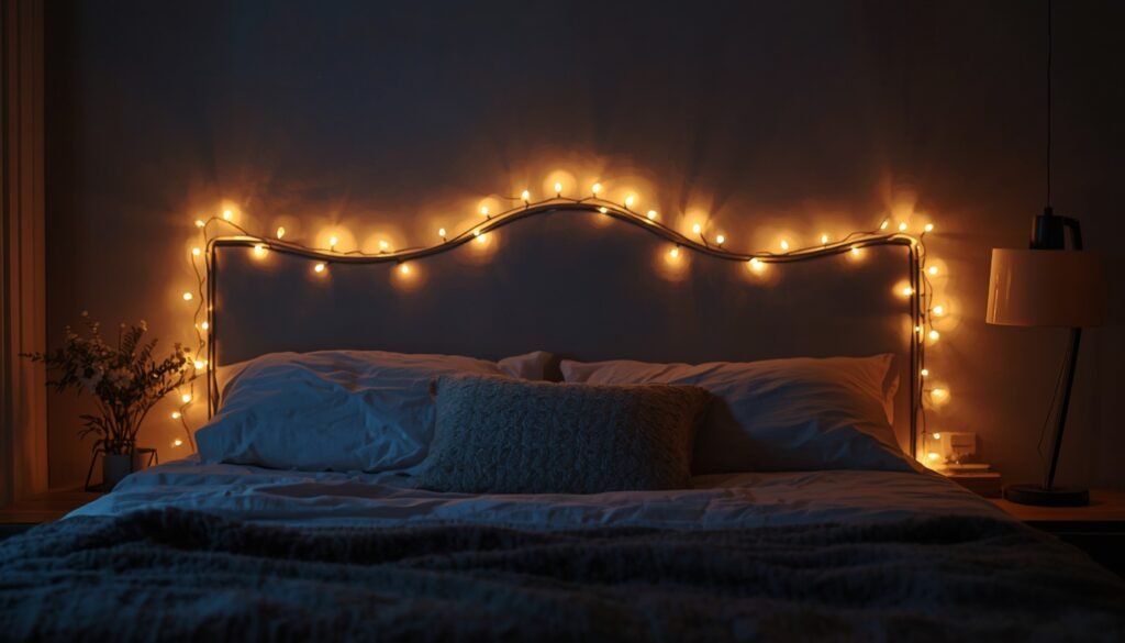 Cozy Christmas bedroom decor: string lights over a bed with pillows and blankets.