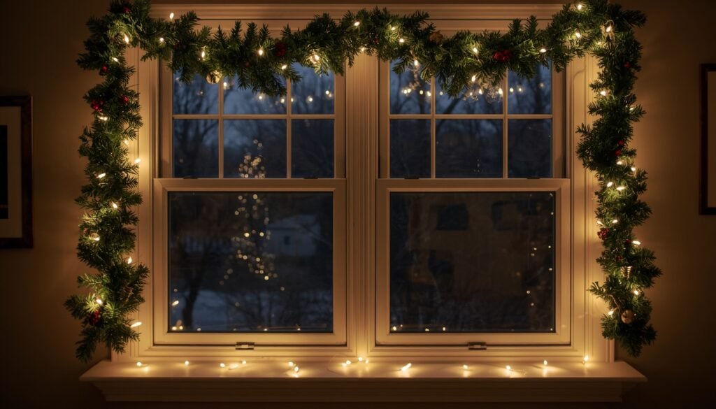 Window decorated with Christmas garland and lights, cozy bedroom decor