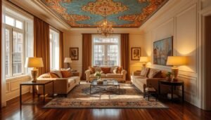 Colorful apartment living room with ornate ceiling and plush furniture