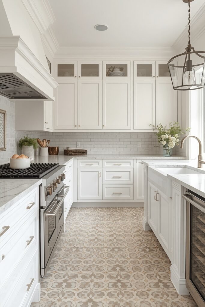 Elegant kitchen with patterned floor tile, white cabinets, and stainless steel appliances.