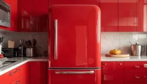 Retro red refrigerator in a modern kitchen, part of retro kitchen ideas.