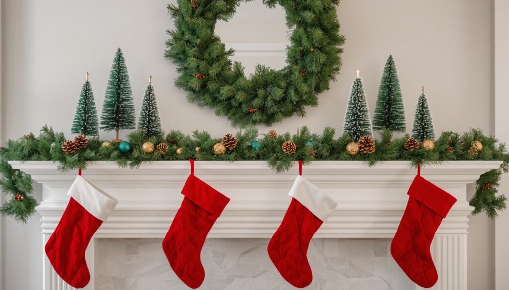 Cozy Christmas fireplace with stockings, garland, and wreath