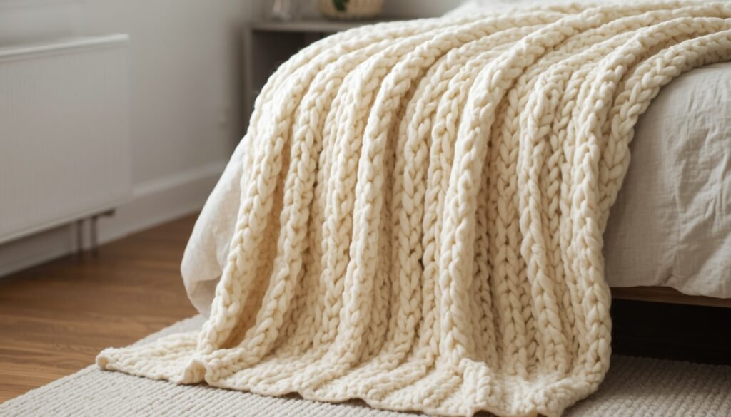 Cream chunky knit throw blanket draped on a bed for cozy Christmas bedroom decor
