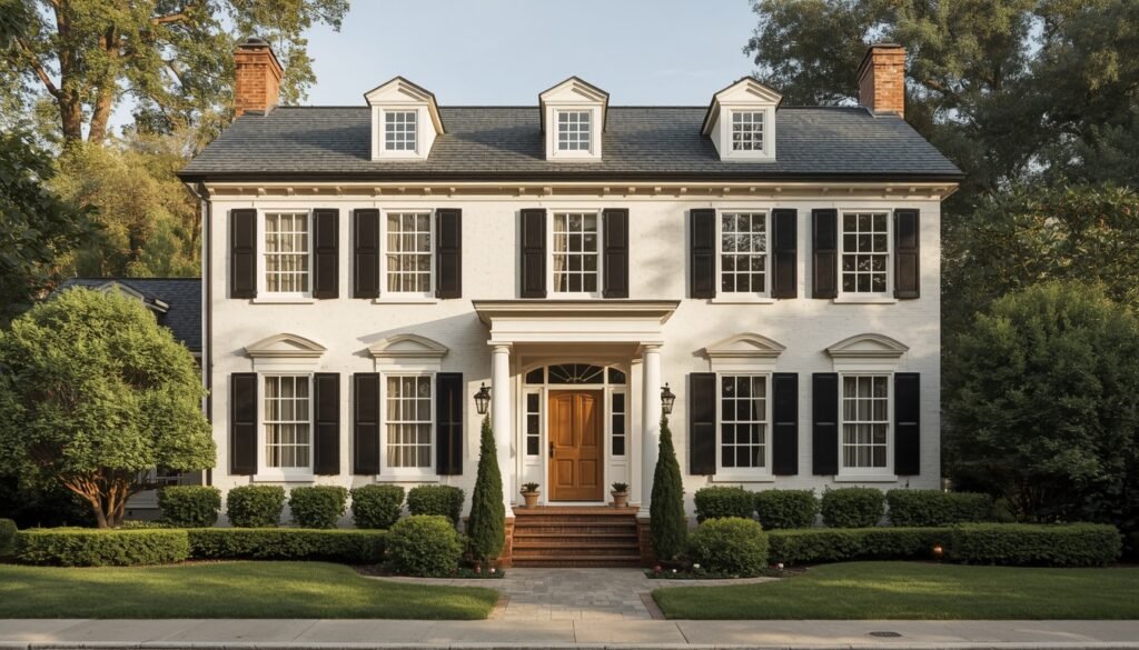 Elegant white exterior house with black shutters and dormer windows.