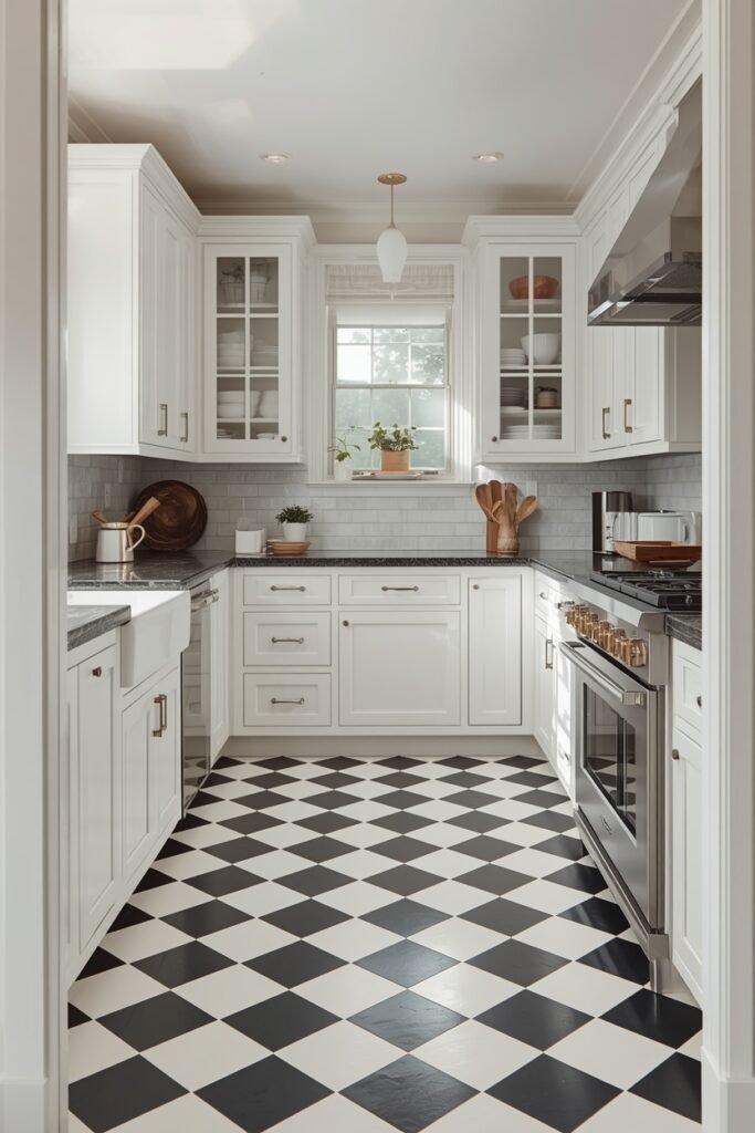 Classic black and white checkerboard kitchen floor tile idea