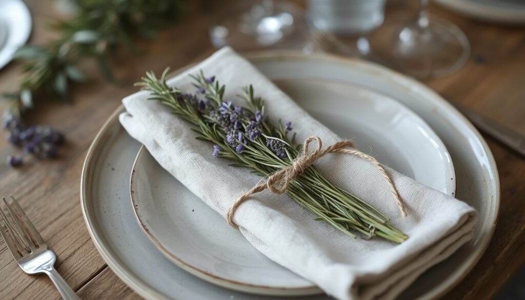 Nature-inspired table setting with lavender and rosemary on a linen napkin.