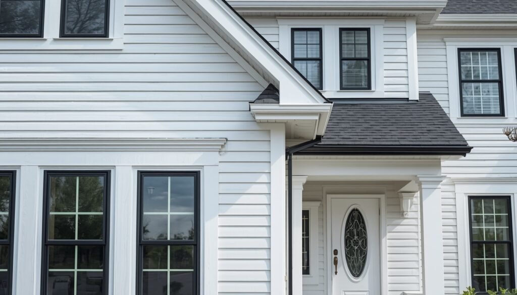 White siding house with black-trimmed windows and a white front door.