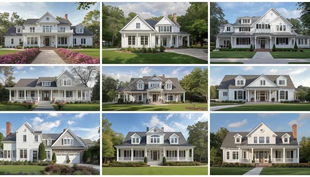 Collage of nine beautiful white exterior houses, showcasing various architectural styles and white paint colors.