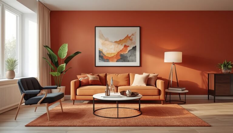 Orange living room with modern furniture, part of colorful apartment ideas.