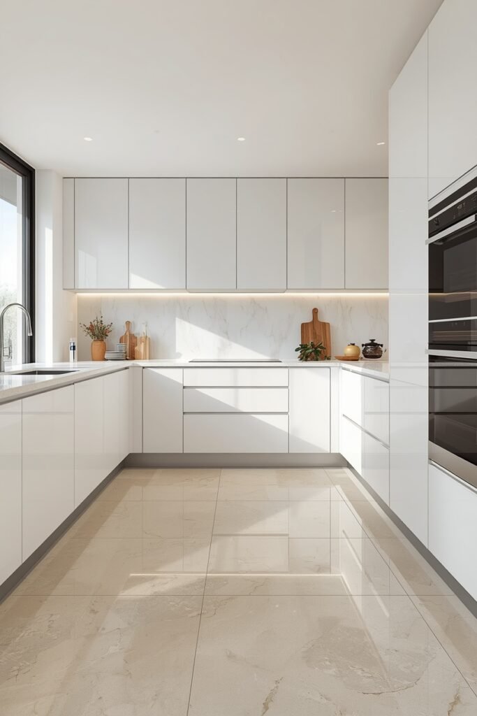 Modern white U-shaped kitchen with large format beige floor tiles