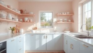 Pale pink retro kitchen with white cabinets, open shelves, and natural light.