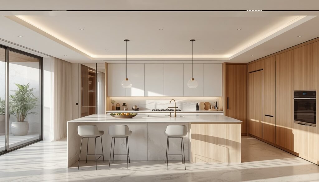 Modern kitchen with recessed ceiling lighting and wood accents.