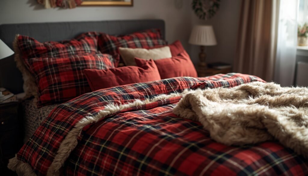 Cozy Christmas bedroom decor: red plaid comforter with faux fur trim and pillows