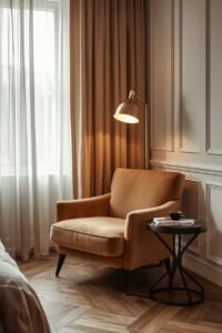 Cozy reading nook with a plush armchair, side table, and warm lamp light.