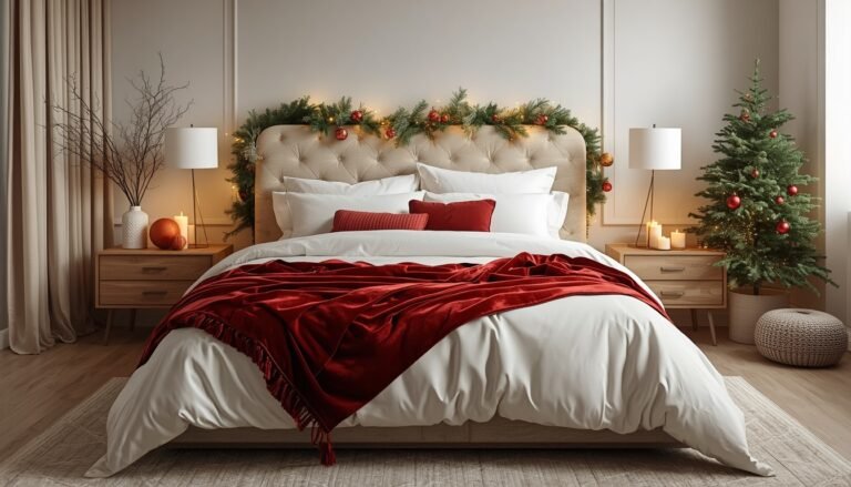 Cozy Christmas bedroom decor: festive bed with garland, tree, and red accents.