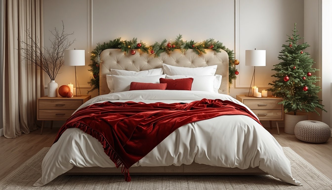 Cozy Christmas bedroom decor: festive bed with garland, tree, and red accents.