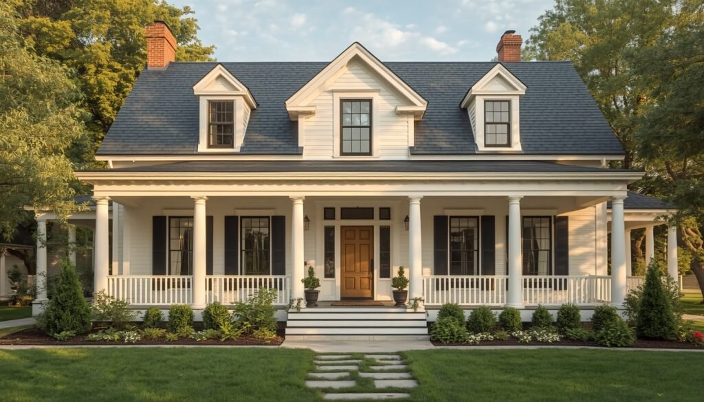 Charming white farmhouse with a welcoming porch, showcasing classic white exterior house colors.