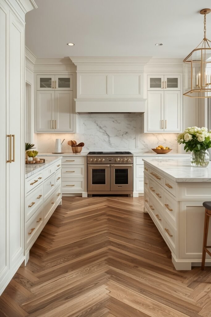 Herringbone wood kitchen floor with white cabinets and marble island