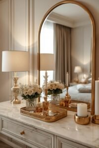 Elegant bedroom vanity with gold accents, lamps, and flowers