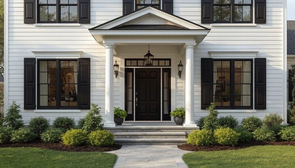 Classic white exterior house with black shutters and a black front door.