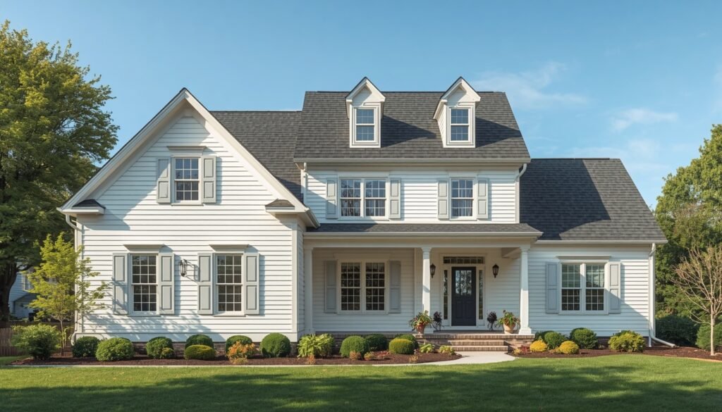 Classic white colonial house exterior with gray shutters and dormer windows.