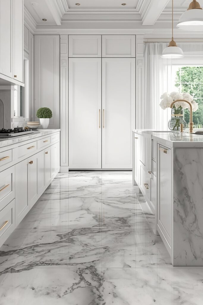 Elegant white kitchen with marble floor tile ideas